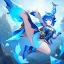 Placeholder: Clear focus,High resolution, Vibrant short blue hair, Vibrant blue eyes, Genshin impact inspired outfit, wearing a short skirt, kicking pose, full body, jumping