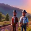 Placeholder: Walter White and his family with a train, 8k, realistic body, with a fedora, sunset background,