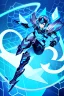 Placeholder: neon blue, flying parts of armor in form of triangles, cyber armor, geometric patterns on armor, male, orbiting triangle