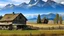 Placeholder: farmhouse and barn in foreground with rocky mountains in the background