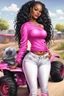 Placeholder: Create a digital airbrush cartoon of a curvy African American female wearing tight white jeans and a off the shoulder hot pink blouse. She is also wearing timberland boots. Prominent make up with hazel eyes. Highly detailed very long extremely braids of black hair. Her skin is smooth and silky. Background of a track of ATV riders.