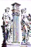 Placeholder: Architecture of ancient Rome of the II century AD Statues of ancient Roman gods contour reconstruction. The drawing is linear, in the style of vector graphics, black and white. High image quality in 8K