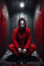 Placeholder: A scary gothic person sits quietly in the middle of a soundproof, padded room conveying intense dramatic emotions in a muted environment, wearing a bright red straitjacket , a mask to cover the mouth area of cannibal evil scary, dark and gothic look, cold eyes, eary ultra detailed,.32k, digital art style with messy paint, hardened sealer appearance, impasto, dramatic Arial view with explosive chaotic background