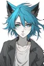 Placeholder: Thin androgynous anime character with short and messy vivid electric blue hair and wolf ears. Loose fitting, gender-neutral goth clothes. bored, aloof, urban background, RWBY animation style