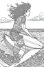 Placeholder: Outline art for coloring page OF THE BACKSIDE OF A HAWAIIAN SURFER WITH BIG CURLY KINKY HAIR WEARING SHORTS RIDING A SURFBOARD ON A WAVE, coloring page, white background, Sketch style, only use outline, clean line art, white background, no shadows, no shading, no color, clear