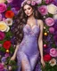 Placeholder: length picture, overalls photography ultra realistic high details ,beauty colors ,full body, busty beautiful girl super model beauty make up cosmetic baubles surrounded by an abundance of flowers, wearing a dress made of elements flora flowers purple with colorful roses, with long hair adorned with small flowers, and a background filled with greenery and roses