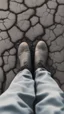 Placeholder: A bared old cracked black feet on a cracked dry ground in grey foggy ground