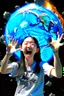 Placeholder: An image of a young Korean woman with a eyes closed expression happy, holding her hands up as if she is reacting to a catastrophic event in front of her. Film, cinematic, realistic, extreme depth of field, She is wearing a white blouse with detail, blue shorts, and sunglasses pushed up onto her head. In front of her, there is a highly detailed planet resembling Earth, dramatically cracking and breaking apart with fiery explosions and molten lava visible at the fractures.