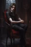 Placeholder: ragazzo vampiro di bellissimo aspetto giovane seduto su una poltrona con capelli lunghi stile realistico