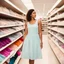 Placeholder: a woman looks at the shelves of clothes at Macy's, she wears a light summer dress