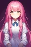 Placeholder: anime, female, young, assistant, cheerful, facing the camera, center in portrait, pink haired, long hair