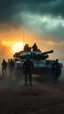 Placeholder: Bosch painting style nightmare , 3D ,a group of men in black led by army tank in a dramatic misty scene of the sunset time in a stormy weather in the desert background, high Quality picture , 8k