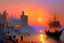 Placeholder: a medieval town by the sea at sunset by artist "Ivan Constantinovich Aivazovsky"