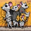 Placeholder: Three Blind Mice with black blind-person style glasses, sinister, modern graffiti street art on city wall, dramatic, eerie, warm colors, dynamic diagonal composition, by Stik and Blek de rat and Petros Afshar, color spray paint, concept art, stunning, Eldritch