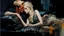 Placeholder: Blonde Pale Very Thin Scandinavian Woman 30yo, Big Eyes, Long Eyelashes And Eye Shadow, on steve Roger's lap kissing :: by Robert McGinnis + Jeremy Mann + Carne Griffiths + Leonid Afremov, black canvas, clear outlining, detailed