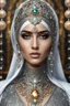 Placeholder: photography realistic portrait of young iranian woman hijab, beautiful, shiny hard eyes, make up, Fantasy style, shiny baubles, ornate, large gemstones, shiny molten metalics, shiny wire filigree, silver hair, high definition, high res, octane render