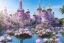 Placeholder: a magical crystal flower lotus magnolia lys bougainvillier, blue gold house russian palace castle in the woods, magnolias pink,blue lake,sun,white swanns,pink vertical, blue lake,sharp, vines, candlelit, endor, ornate, elegant, highly detailed, artstation, concept art, smooth, sharp focus, illustration, 8k, splash art, wallpaper, key visual