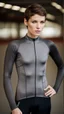 Placeholder: photography of a beautiful anorexic woman, grey satin triathlon top, brunette wavy pixie haircut, pronounced sternum, flat chest, grey satin cycling leggins