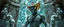 Placeholder: newth coy insect cyberpunk cowboy brilliant detailed full figure portrait disco glittery fluffy muscle man dino anime in the style of Escher and Giger in front of dented marble tower of transparent glass statues