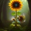 Placeholder:  backlit dark sunflower,obsidian mirror, in winding magical forest with waterfall and a creature