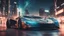 Placeholder: extreme concept future hypercar in a city at night. ultra realistic cinematic lighting, 8k, surreal photography, portrait. intricate details. the sky has a bright nebula.