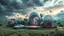 Placeholder: Dynamic cifi country side ,hypnotic of 3D structures Symmetry twisting and morphing between cifi plants , cifi flowers and metal geometric 3d structures buildings ,cifi cars, and an open cifi stage with a future lady singer in it,smooth translucent iridescent glass with inner glow and bubbles, varied transparent materials, stormy skies, intense dramatic