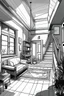 Placeholder: Black and white, house interior design, no shading, no lines, cartoon style, --ar 9:11