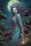 Placeholder: full color, full body illustration of a haggard and malevolent Harionago yokai "Barbed Woman" with wild, highly detailed hair and slim, narrow facial features, in a haunted Chaniwa garden, pierced by shafts of moonlight , art in the style of Alex Pardee, spirited away, studio ghibli, , 8k , finely detailed and precise line work, soft gauzy pastel colors