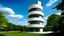 Placeholder: A radiant midday study of Le Corbusier's modernist icon, crisp white volumes floating on slender pilotis above Poissy's emerald lawn. Ribbon windows stripe the façade with razor-sharp shadows, geometric purity juxtaposed against billowing cumulus clouds. Sunlight fractures across the curving solarium's glass bricks, casting prismatic patterns on the spiral ramp's raw concrete. Wide-angle perspective from beneath the elevated structure, emphasizing cantilevered cubes and the rhythmic poetry of cy