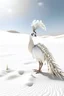 Placeholder: A white peacock with big white feathers in white desert sands .