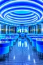 Placeholder: A restaurant with the outer shape of the walls in blue and a white floor and it contains one table in the middle of the restaurant in the form of a bar and the shape of the walls is oval containing 30 chairs and the walls are made of glass