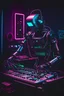 Placeholder: robot playing modular synthesizer in a dark neon room