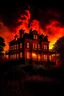 Placeholder: a haunted mansion is engulfed in flames in the middle of the night. the mansion burns with an unnatural brightness. the mansion sits atop a craggy hill.