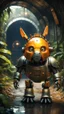 Placeholder: magazine cover, metallic yellow orange donkey turtle robot chivalry knight with friendly cute face and hair locks in dark lit reflective wet jungle metallic hall dome hotel tunnel, in the style of fallout 4 game,bokeh like f/0.8, tilt-shift lens 8k, high detail, smooth render, down-light, unreal engine, prize winning