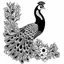 Placeholder: white, A peacock white flower decoration, line art, white background, outline, with images neatly contained within the background, just black and white color, full body, no color. Looking front , front view, 8k