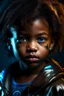 Placeholder: African black girl 5 years old. Afro. Pretty long face. Intense look. Glowing eyes. Makeup. Photorealistic. Real light. Retrofuture. Hip hop. Black panther. Textile texture Detail. Leather jacket iridescent. Eyeliner. Guettoblaster. Real reflection.