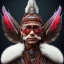 Placeholder: Maya tribal shaman , three red feathers headband, holding spear