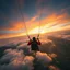 Placeholder: Create a picturesque scene from the POV of the parachute jumper soaring through the sky. Below, translucent clouds float gently, and vibrant, colors skies blend with shades of orange and gold at sunset. In the distance, a stunning landscape unfolds, featuring river and patches of green and gold, bathed in the warm light of the setting sun.