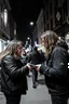 Placeholder: A stalker wants an autograph from a long-haired rock musician on a street in central London. The stalker is an overweight 25-year-old and looks a bit slimy, the atmosphere is oppressive and unpleasant