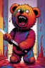 Placeholder: A maniacally laughing psycho evil teddy bear holding a knife, his one eyeball (made of a button and thread) hangs down his furry face, creepy, nightmarish, scary and surreal, the background is a bloody hallway erupted with bright multi-color flames, animatronic, cartoonist, absurdist, exaggerated, character design, horror cut v.I, horror art, five nights at Freddy, similar art to chucky, garbage art, graphic novel illustration style, videogame art, post modern cartoon, trending on artstation, Ka