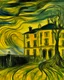 Placeholder: A yellow haunted mansion in a thunderstorm painted by Edvard Munch