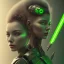 Placeholder: A beautiful portrait of a single minded cute cyberpunk woman, a short wolf haircut lime green color scheme, high key lighting, volumetric light high details with a lizard like alien with feathers and claws, 3/4 torso. Portrait with a light saber and single solid chestplate