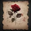 Placeholder: Hyper realistic sketch of a small red rose & musical notes on a vintage paper on side with dark background