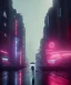 Placeholder: circular white moon, 3D, beautiful, light reflecting, empty city, midnight, rainy night, neon, cyberpunk, person walking