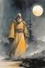 Placeholder: Marin Kitagawa. A soft-focus image of the golden sunset casting a warm glow, create in inkwash and watercolor, in the comic book art style of Mike Mignola, Bill Sienkiewicz and Jean Giraud Moebius, highly detailed, gritty textures,