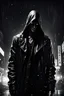 Placeholder: Sin city, killer dripping blood, night full of stars, savage, Alone, mysterious, hidden face, clam and relaxed, killer, leather long coat, male