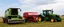 Placeholder: Parked at the edge of a field is a Claas brand Combine(left) Vaderstad Seeder(middle, red) and a John Deere Tractor(right) simplified