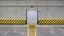 Placeholder: wall design for parking garage, concrete, yellow marking lines, hazard lines, weathering and water stains, realistic steel doors in middle with a sign is above. rough painted hashmarks and parking lines, add signage found in a parking garage.
