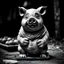 Placeholder: a statuette of a man-pig cult greyscale photo