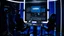 Placeholder: a human silhouette sits in a black film producer's chair in a futuristic studio, the inscription capture white sharp word text on the back of the chair "Atti", around and front many big hd monitors with prompts cods, blue lines, blue neon light, windows, Professional photography, canon lens, shot on dslr 64 megapixels, sharp, cinematic